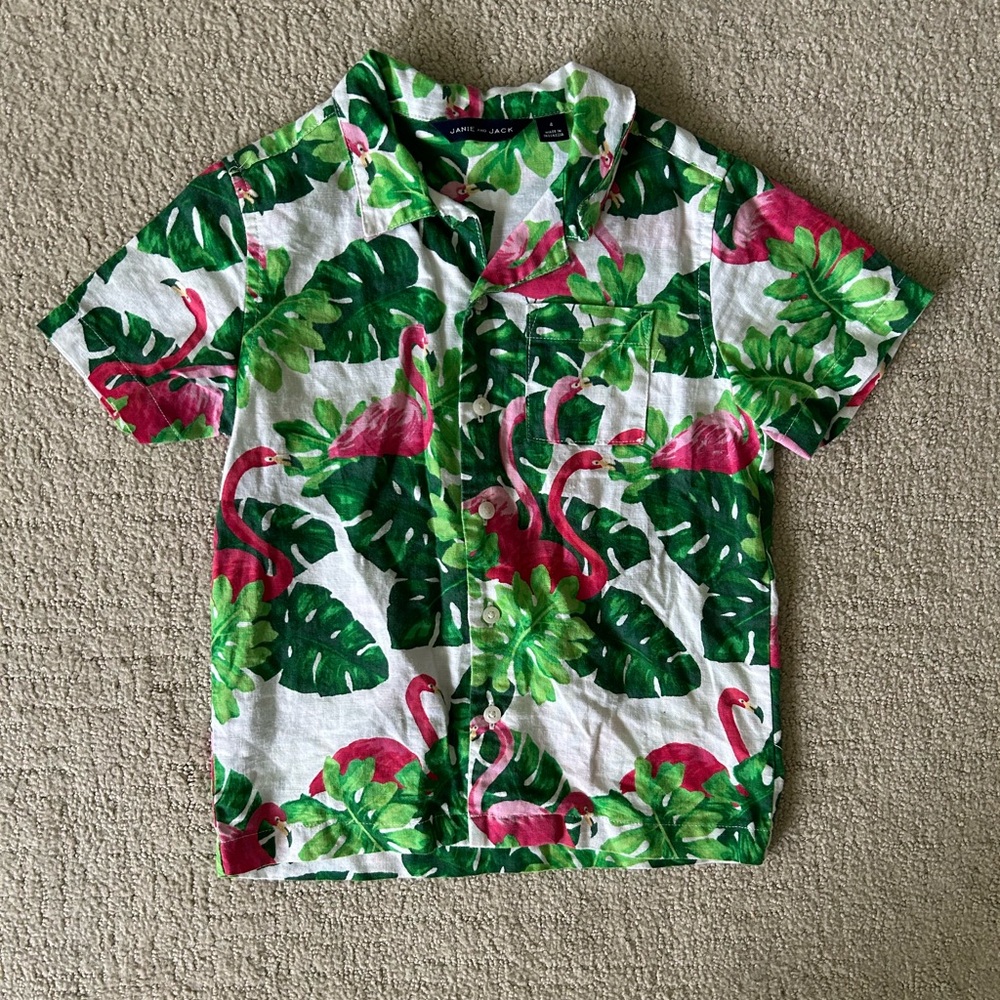 Janie and Jack boys tropical flamingo Hawaiian shirt size 4